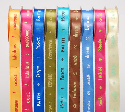 Printed Word Satin Ribbons 5/8" x 4' 9 Rolls