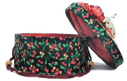 Dritz St. Jane Pin Cushion Hat Box Sewing Basket - 5 Black with Cherries